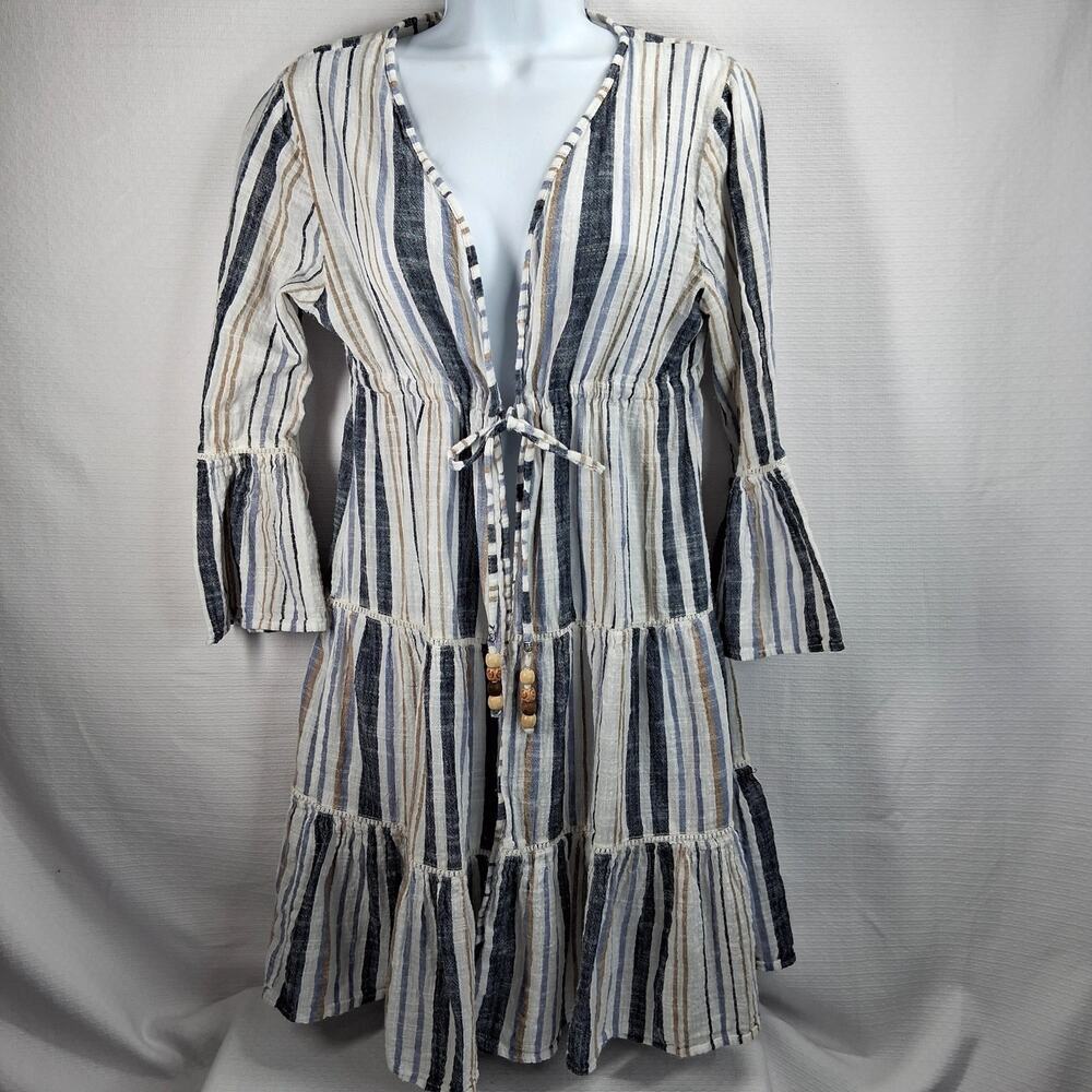Blue Island Kimono Swim Cover Up Women's Medium Cotton Tiered‎ Peasant Beaded